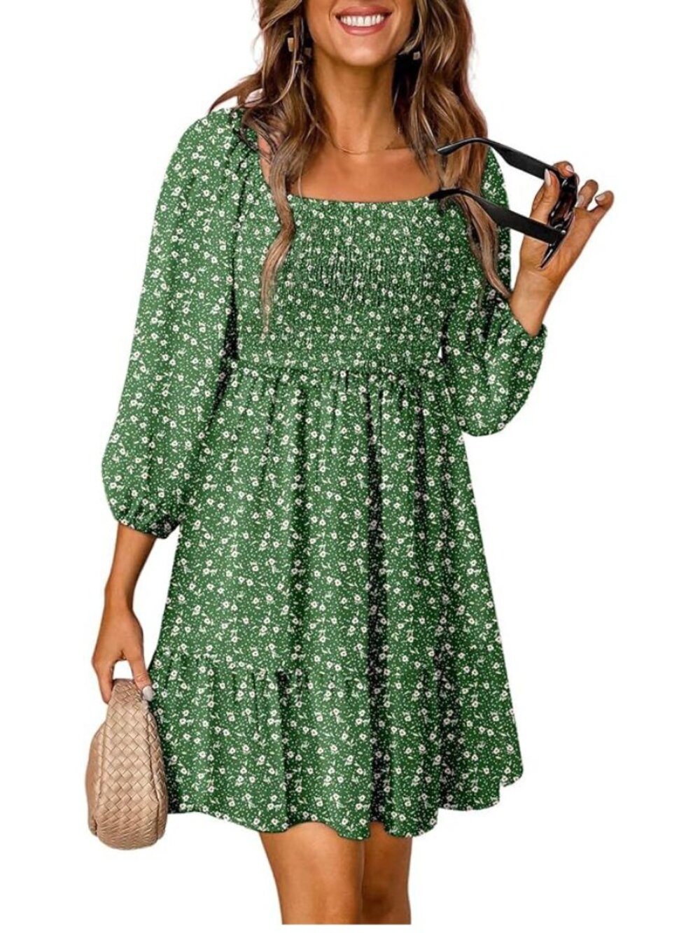 NWT Dokotoo Green Floral Dress 3/4 Sleeve Smocked Bust Size L Boho